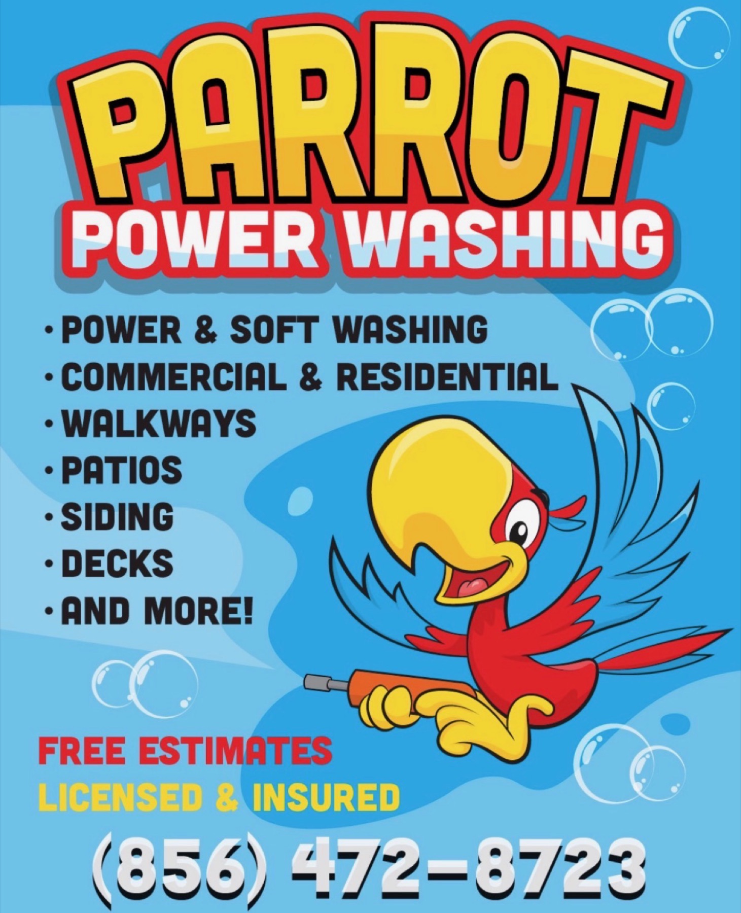 Parrot Power Washing flyer — power & soft washing, commercial & residential, walkways, patios, siding, decks, free estimates, (856) 472-8723